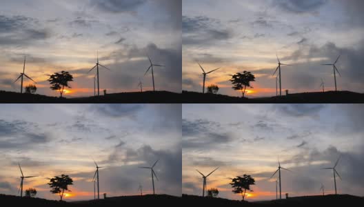 4K美丽的风力涡轮机在黄昏日落。农村玉米田可再生能源生产的概念高清在线视频素材下载