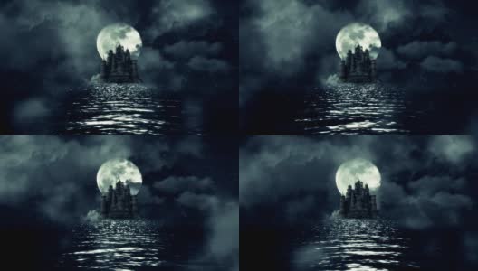 一个巨大的黑色城堡在海中与升起的满月背景高清在线视频素材下载