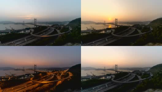 青马桥从白天到夜晚的时间流逝。香港高速公路以悬吊结构建筑为交通和旅游概念，城市城市。高清在线视频素材下载