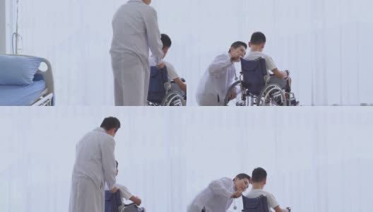 自闭症儿童，腿部残疾，坐在轮椅上，根据医院预约就诊高清在线视频素材下载