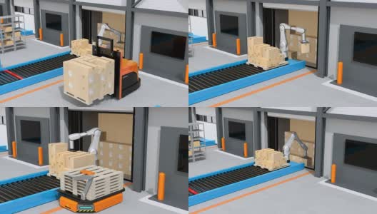工业机器人从半卡车上卸载包裹高清在线视频素材下载