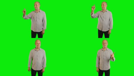 积极的白人成年男子显示手势在绿色屏幕阿尔法通道。微笑的白人男子手指手势模板。高清在线视频素材下载