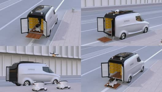 快递车可以自动驾驶机器人和无人机来递送包裹高清在线视频素材下载