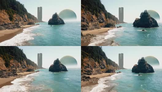 超现实主义场景海岸线未来主义建筑和月球4K高清在线视频素材下载