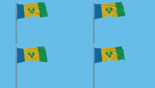 孤立的旗帜圣文森特和格林纳丁斯的旗杆在风中飘扬的蓝色背景，3d渲染高清在线视频素材下载