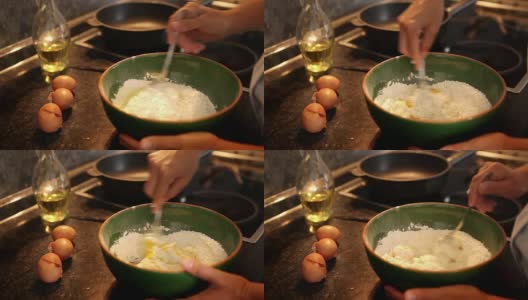 制作薄烤饼用的面团的过程:面粉和鸡蛋混合高清在线视频素材下载