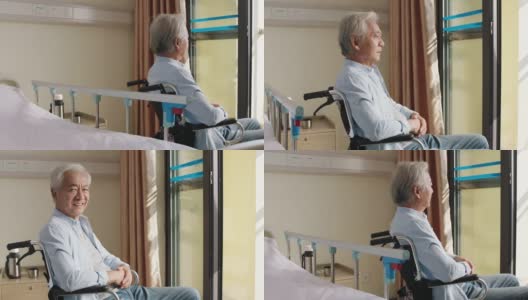 亚洲轮椅上的老人转向镜头微笑高清在线视频素材下载