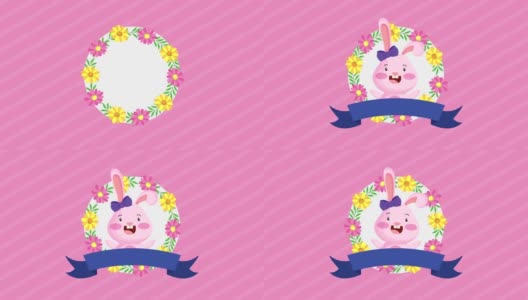 复活节快乐的动画卡片可爱的兔子和鲜花高清在线视频素材下载