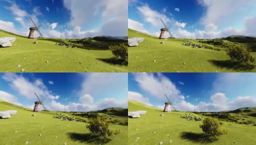 奶牛在草地上和老风车，动画高清在线视频素材下载