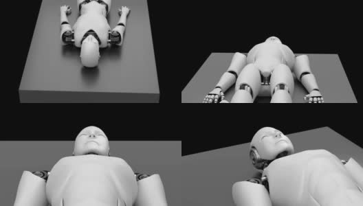 未来机器人躺在床上，黑色背景是人工智能CGI高清在线视频素材下载