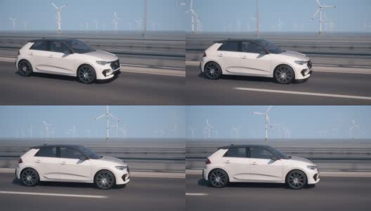 侧面的自动驾驶电动汽车驾驶与风力涡轮机的背景高清在线视频素材下载