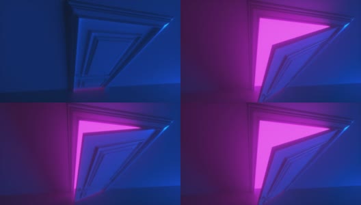 4K亮粉色鲜艳霓虹灯打开的门。房间打开了，明亮的彩色光线充满了空间。充满了黑暗的空间。3D渲染动画打开门高清在线视频素材下载