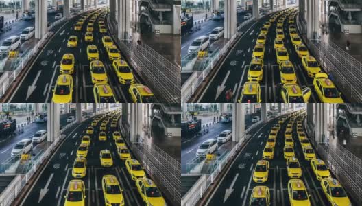 T/L PAN忙碌的黄色出租车在机场出口排队高清在线视频素材下载
