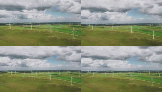 草原上风力涡轮机农场的Hyper Lapse和鸟瞰图高清在线视频素材下载