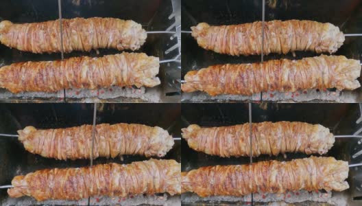 羊肠子和内脏用叉子烤，用来做土耳其菜高清在线视频素材下载