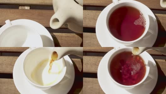 早上，茶杯放在木桌上的茶托上高清在线视频素材下载