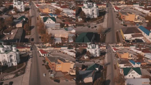 2021年10月07日，俄罗斯利佩茨克地区的Chaplygin，从村庄乡村的空中摄影高度飞过上帝之家的教堂高清在线视频素材下载