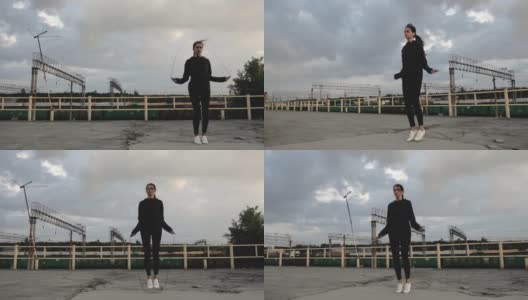 健身女人用跳绳锻炼高清在线视频素材下载