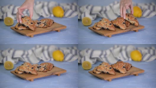 新鲜自制蓝莓早餐司康饼。高清在线视频素材下载
