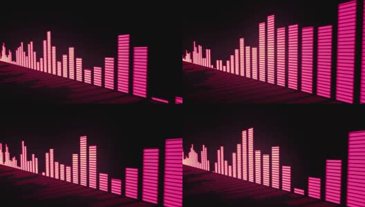 3D动画:音乐控制关卡。辉光红-粉橙色音频均衡器条移动与反射镜表面。黑色背景。深。滑动。高清在线视频素材下载