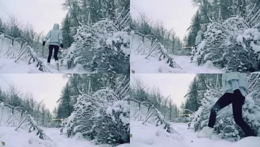 苗条的年轻女子穿着灰色的夹克走在美丽的雪地里，慢镜头拍摄，冷色高清在线视频素材下载