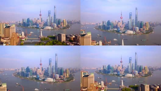 蓝天俯瞰上海市区的摩天大楼和高层办公大楼。亚洲智慧城市的金融区和商业中心。高清在线视频素材下载