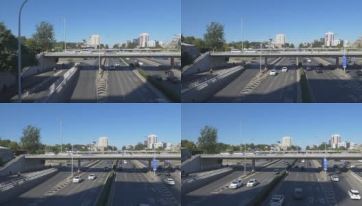 慢镜头:通勤者在高速公路上行驶，在天桥下奔跑高清在线视频素材下载