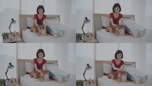 亚洲女人和狗在床上高清在线视频素材下载