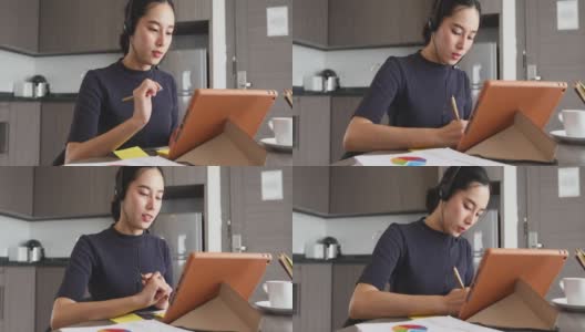 亚洲女性戴着耳机和使用数字平板电脑视频会议和会议，在家里的厨房喝咖啡高清在线视频素材下载