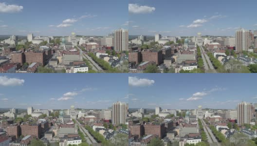 鸟瞰图通向州议会大厦和圣帕特里克大教堂在哈里斯堡，宾夕法尼亚州。无人机拍摄的航拍视频。高清在线视频素材下载