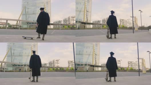 一名大学生刚毕业，穿着毕业生长袍玩滑板，在市中心的高楼大厦之间表演特技。高清在线视频素材下载