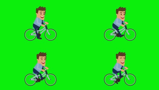 商人骑自行车。蓝色风格商人自行车骑手扁平卡通人物4K动画，色度键。高清在线视频素材下载