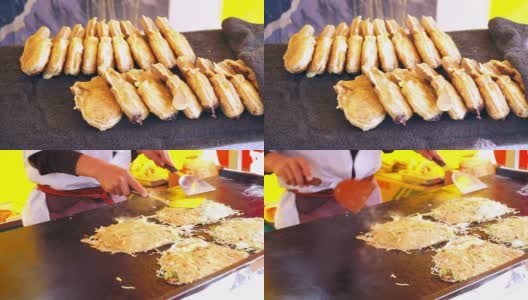 日本节日食物Taiyaki和Okonomiyaki的视频高清在线视频素材下载