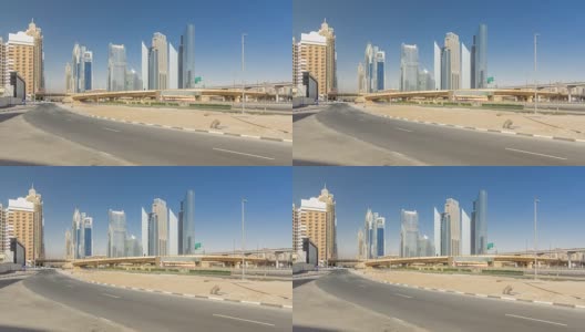 繁忙的谢赫扎耶德路时光流逝，地铁和现代摩天大楼环绕在奢华的迪拜城市高清在线视频素材下载