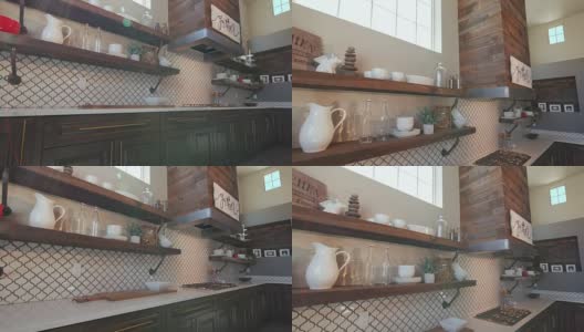 带镜头光晕的现代厨房橱柜上升角高清在线视频素材下载