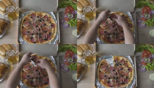 一个胖乎乎的男人坐在有害食物旁，愉快地吃着披萨高清在线视频素材下载