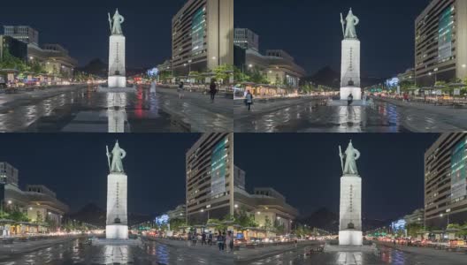 光华门李舜臣大将雕像夜间时间的推移。高清在线视频素材下载
