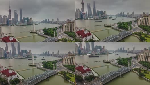 中国上海下雨天河湾交通河桥航拍全景4k时间推移高清在线视频素材下载