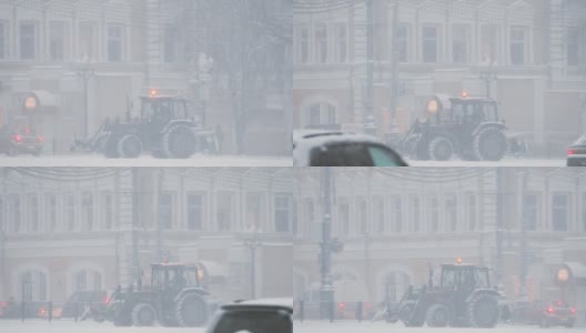 高美尔、白俄罗斯。拖拉机在冬季雪天清理积雪。锅,全景高清在线视频素材下载