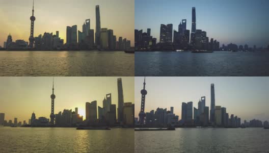 time lapse hyperlapse无人机在清晨日出时拍摄的黄浦江上的上海地标，镜头从右向左移动高清在线视频素材下载