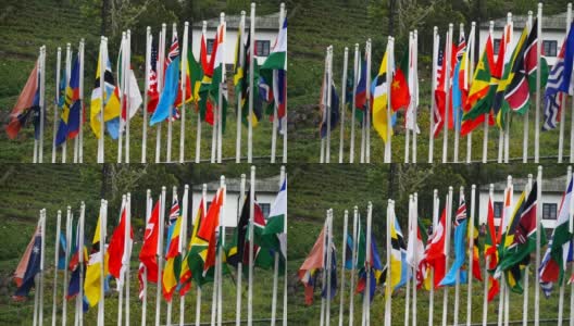 许多各种各样鲜艳的世界各国国旗迎风飘扬在旗杆上。特写慢动作高清在线视频素材下载