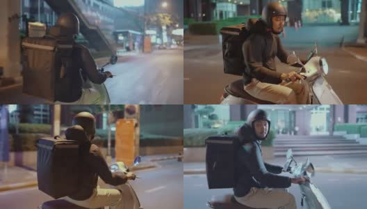晚上在城市里骑摩托车的快递员高清在线视频素材下载