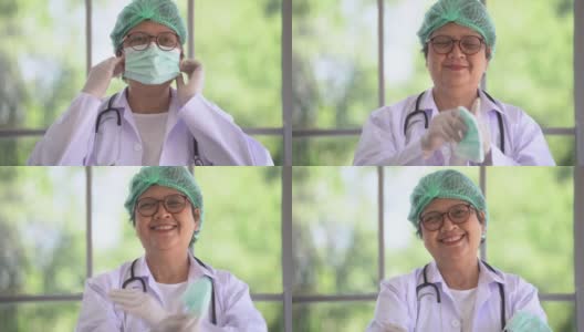 肖像的亚洲女医生脱下脸痕和微笑与幸福的生活。医疗保健产业的工人生活。老年人站在室内，以自然、树木和阳光为背景。高清在线视频素材下载