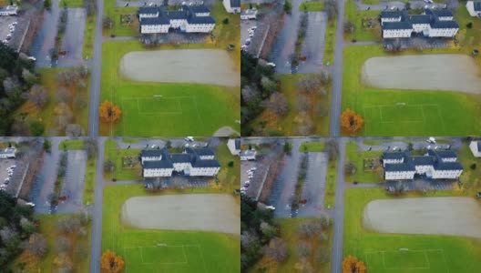 俯视图的道路和停车场，足球场在加拿大高清在线视频素材下载