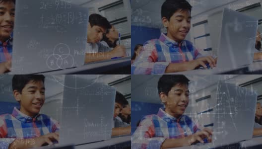 一名小学生在课堂上使用笔记本电脑，数学方程式在男孩身上漂浮高清在线视频素材下载