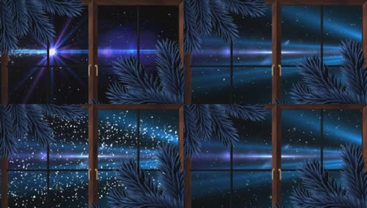 透过窗户看到的冷杉树枝上飘落的雪的动画高清在线视频素材下载