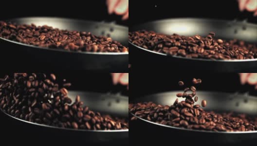 超级慢速的咖啡在煎锅里烤。用高速摄像机以每秒1000帧的速度拍摄。高清在线视频素材下载