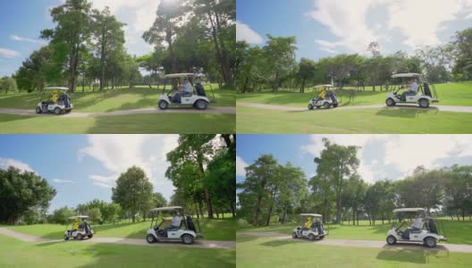 在夏日阳光明媚的高尔夫球场上驾驶高尔夫球车的亚洲老人的4K集团高清在线视频素材下载