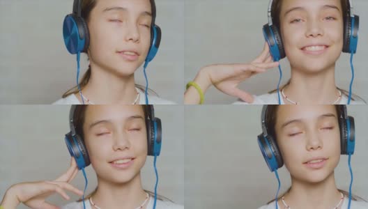 一个戴着蓝色耳机的少女听着平静的音乐的特写镜头高清在线视频素材下载