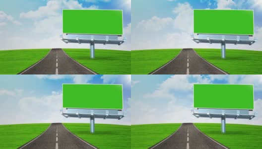 高速公路附近有一块带绿色屏幕的空广告牌，在户外拍摄，天空中有移动的云高清在线视频素材下载